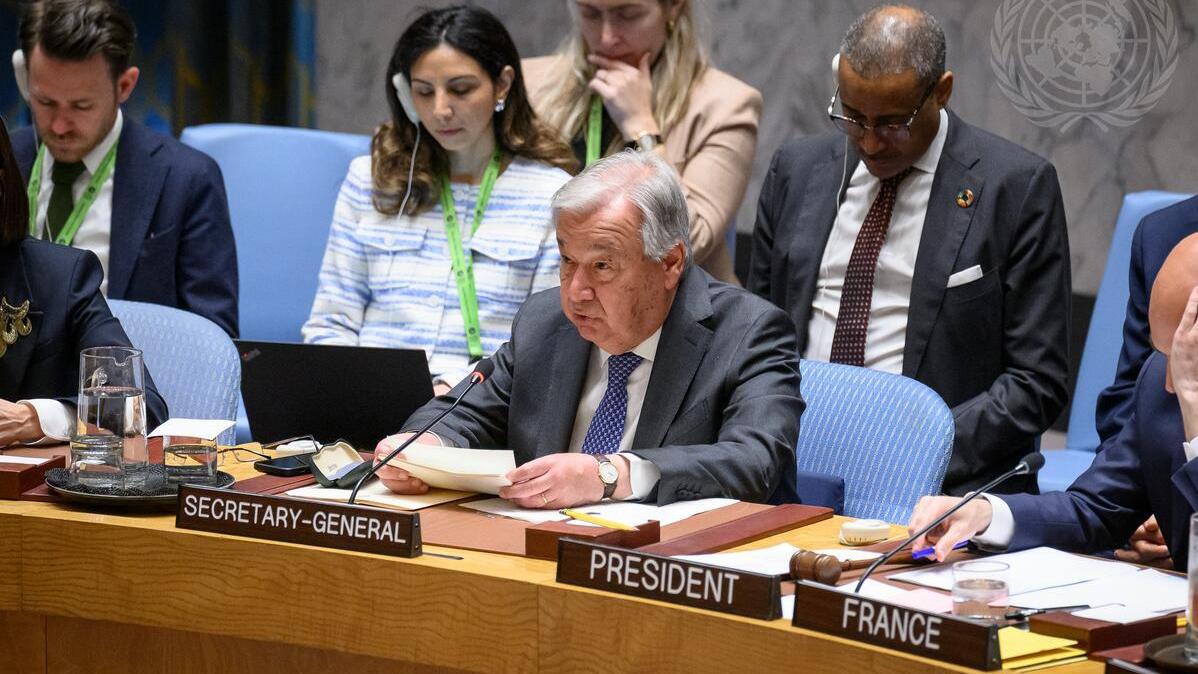 Secretary-General António Guterres addresses the Security Council meeting on the situation in the Middle East, including the Palestinian question.